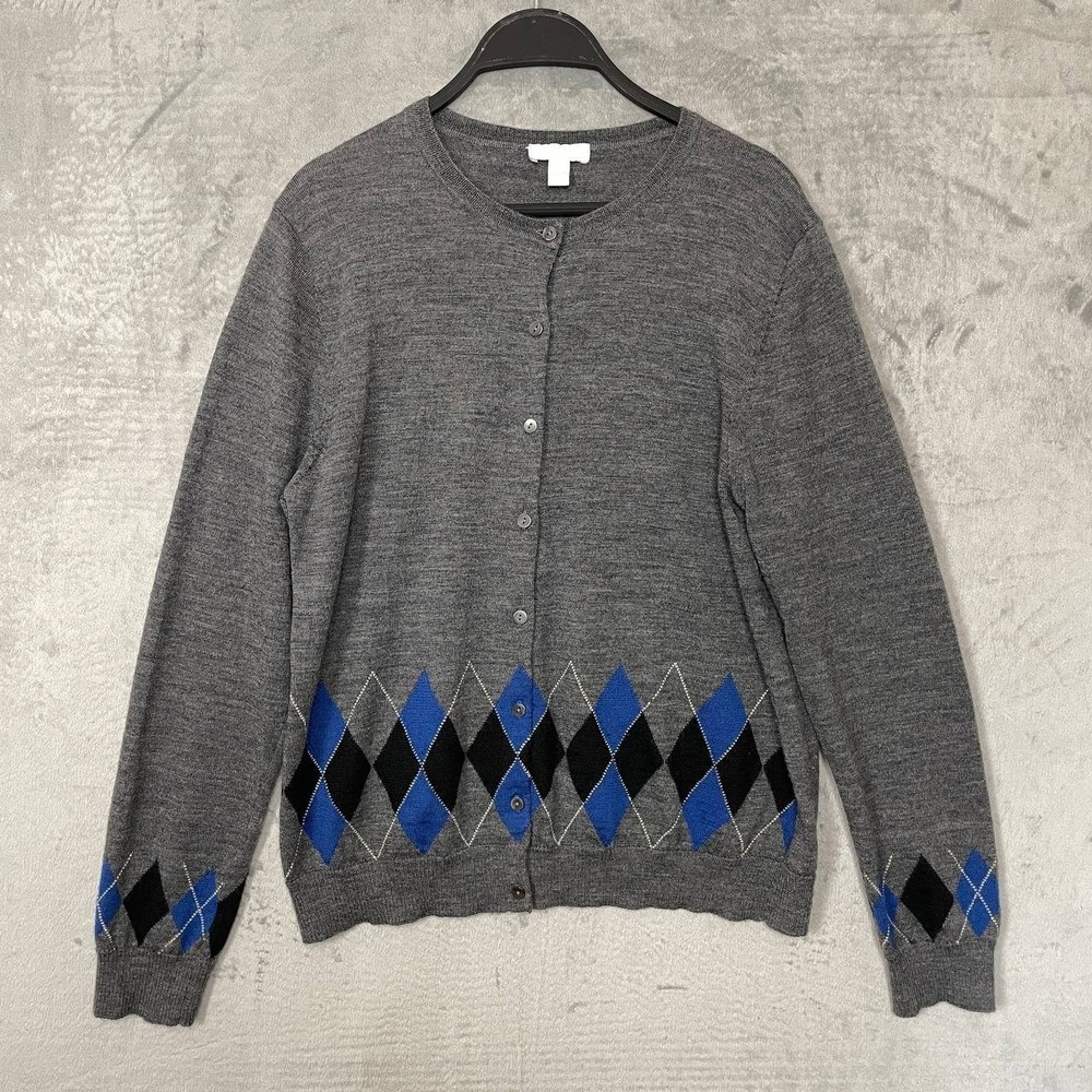 Preppy Academia Merino‎ Wool Argyle Knit Button Front Cardigan Large School